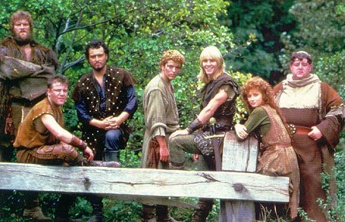 Left to Right -- Little John, Will Scarlet, Nasir, Much, Robin, Marion, Tuck from Robin of Sherwood