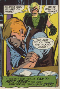 Green Arrow confronts his ward Speedy on an issue you'd never see in a Robin Hood ballad. Illustration by Neal Adams. (c) DC Comics