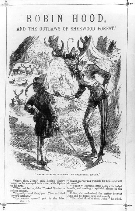 Robin Hood and a Wood demon, illustrated by Robert Prowse for George Emmett's weekly serial Robin Hood and the Outlaws of Sherwood Forest (1868-9)