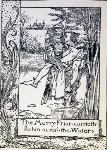 Friar Tuck carrying Robin Hood across the water, as illustrated by Howard Pyle