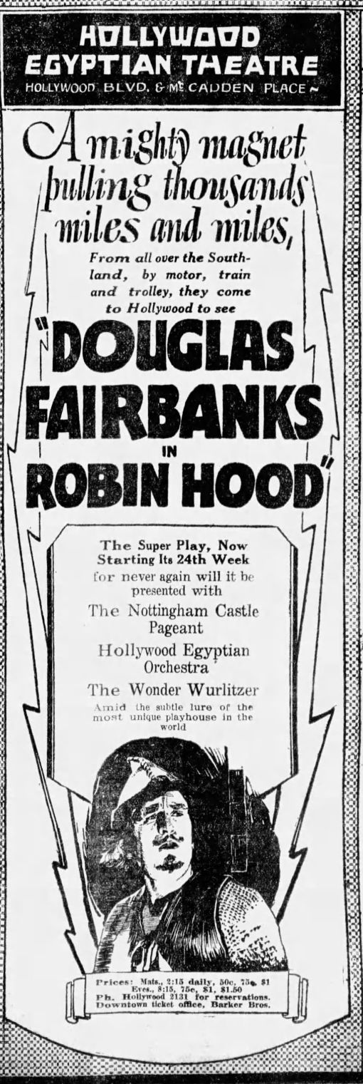 Ad for the ongoing run of Douglas Fairbanks in Robin Hood