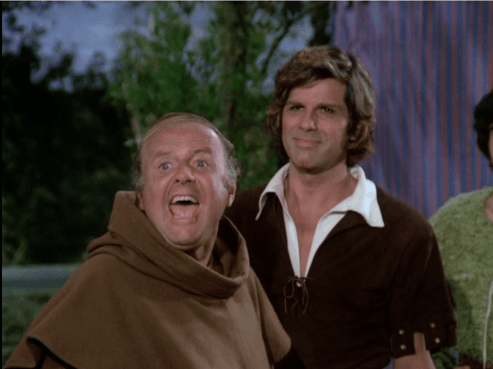 Dick van Patten as Friar Tuck shouts Hey, Abbot!